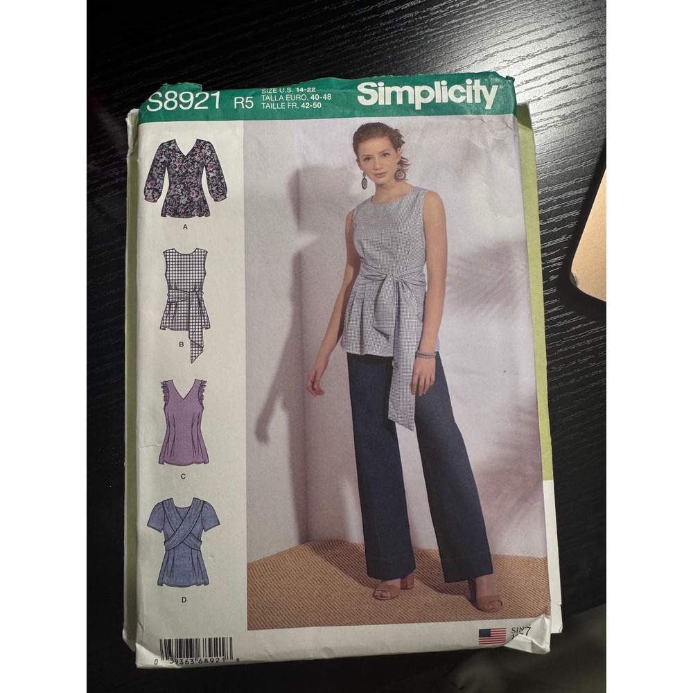 Simplicity S8921 Sewing Pattern Misses Tops Sz 14-22 Multi-Style Peplum Blouse G